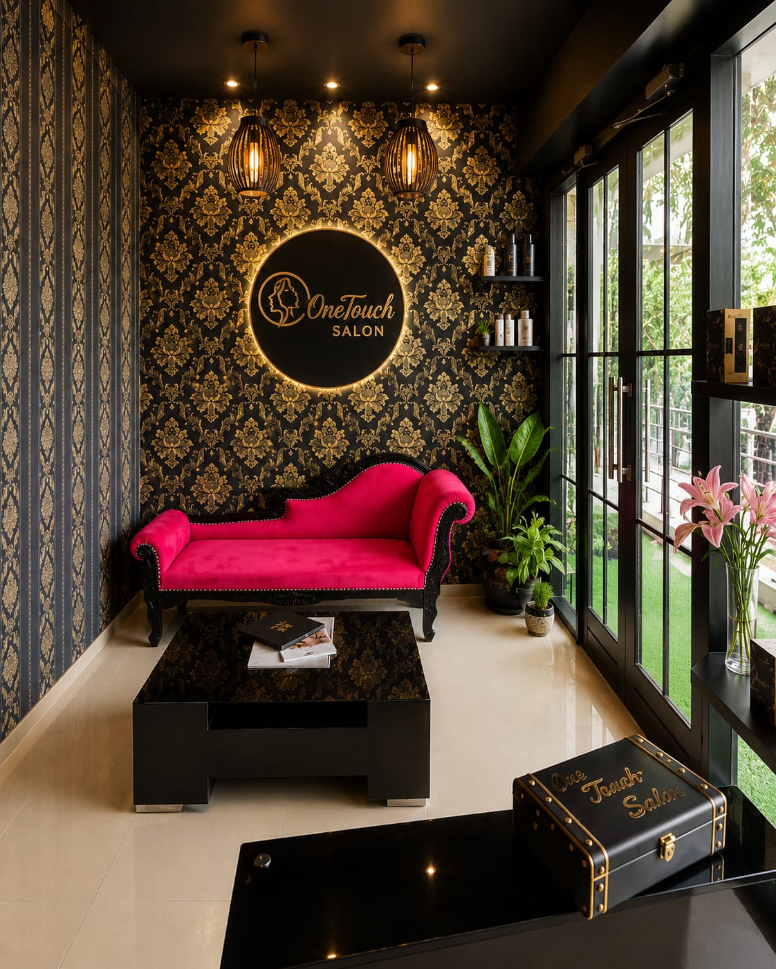 One Touch Salon lounge with signature logo wall